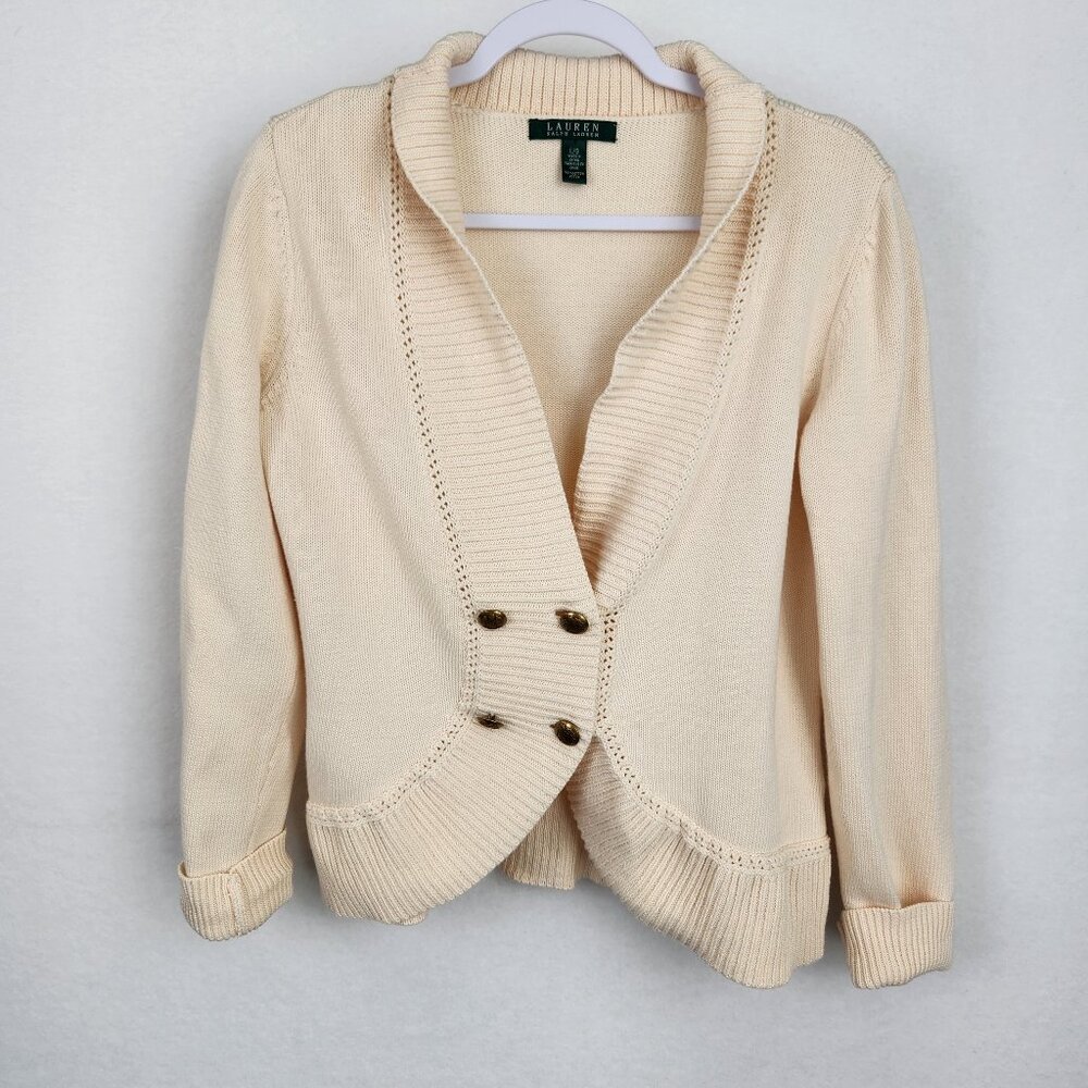 Lauren Ralph Lauren Womens Cardigan with 4 Crest Buttons Size L Cream